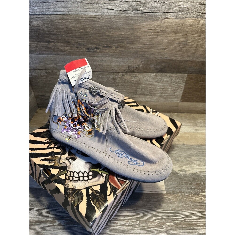 Ed Hardy Gray Suede Moccasins Bootie Silver Tiger Accents with Fringe Size 9